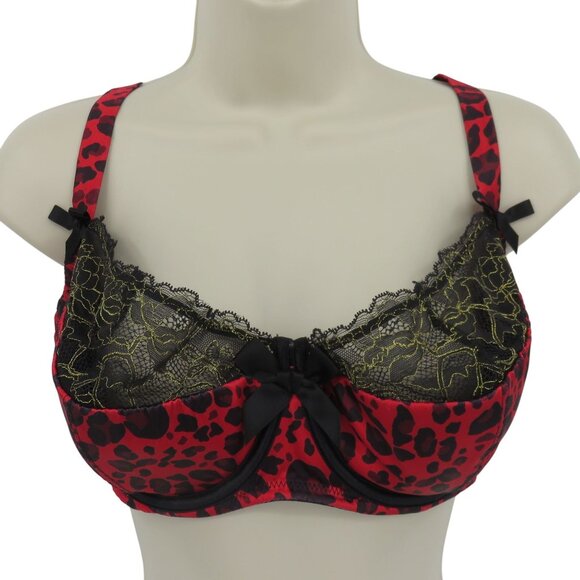 Cacique 42DD Black Red Leopard Animal Print Gold Lace Bow Underwire Bra Sexy - Picture 1 of 12